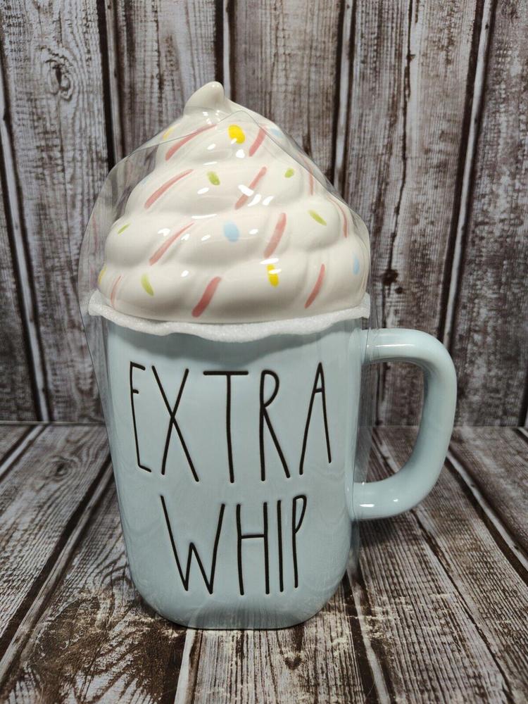 Rae Dunn Extra Whip Blue Coffee Mug With Whipped Cream Sprinkles Topper New